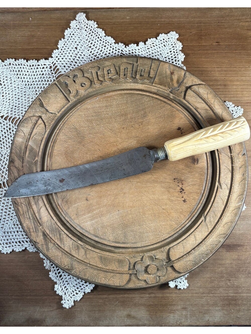 Antique French Carved Wood Bread Board and Bone Handle Bread Knife Set